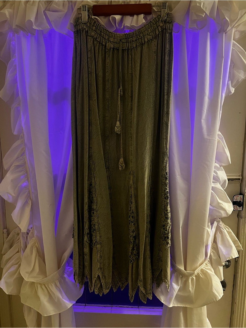 Bohemian Olive Green Maxi Skirt with Drawstring Waist